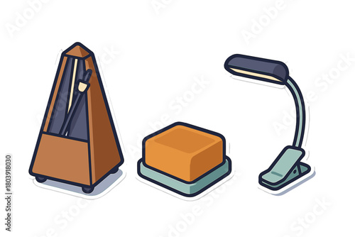 Metronome, square button, and flexible clip-on desk lamp set of three objects