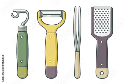 Essential kitchen utensils set featuring a vegetable peeler, zester, precision tweezers, and flat grater