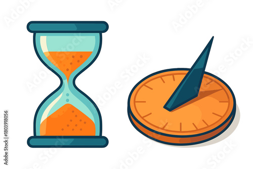 Classic hourglass with flowing sand and traditional sundial representing the passage of time