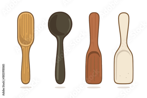 Set of wooden and dark kitchen utensils including spoons and scoops for cooking and serving food