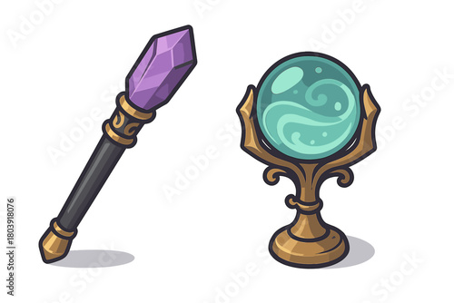 Powerful magical staff with a large purple crystal and an ornate scrying orb on a decorative golden pedestal