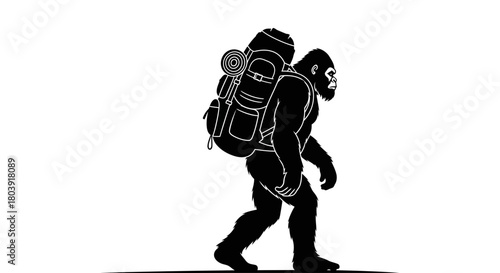 Adventurous Bigfoot hiker with backpack exploring wilderness terrain