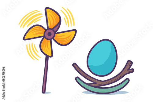 Whimsical yellow pinwheel toy and a bright blue egg resting in a small twig nest