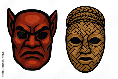 Two contrasting masks featuring a red demonic face and a brown woven ethnic design
