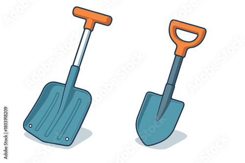 Two different types of garden and snow shovels with orange handles and blue blades