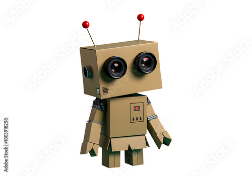Cute cardboard robot with large eyes and antennae 3d render on transparent background.