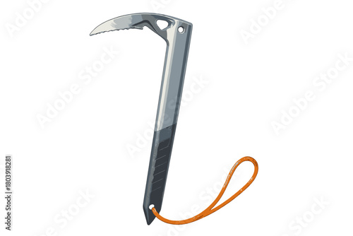 Professional mountaineering ice axe with curved pick and orange safety lanyard