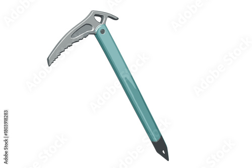 Professional mountaineering ice axe with teal handle and sharp metal pick for alpine climbing