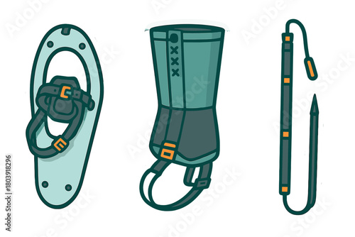 Snowshoe, gaiter, and trekking pole set for winter hiking and mountaineering adventures