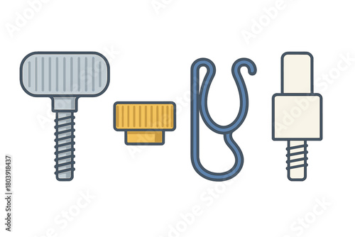 Set of specialized mechanical fasteners and technical components including a large thumb screw, ribbed cap, and various connectors