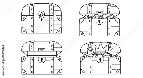 Vintage treasure chest in various open and closed states, revealing secrets within