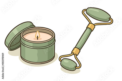 Burning scented candle in a green tin next to a natural jade facial massage roller
