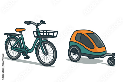 City commuter bicycle with front basket and rear rack next to a modern cargo trailer