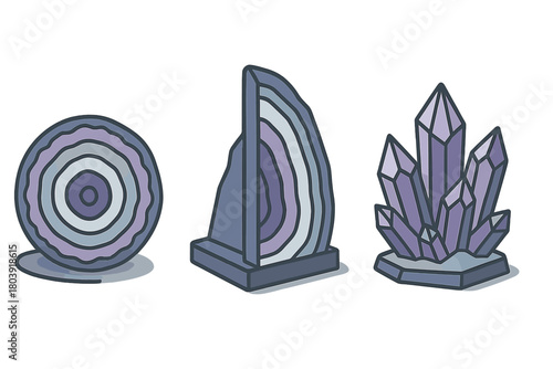 Stylized icons of natural minerals including geode slice and amethyst crystal cluster