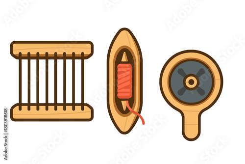Traditional wooden weaving tools set including bobbin winder, shuttle, and warping reel