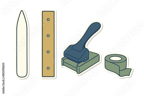 Vintage style leather crafting supplies set with hole punch and adhesive tape roll