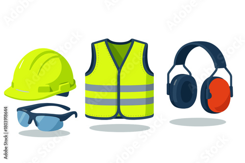 Essential safety gear including hard hat, reflective vest, protective glasses, and ear defenders