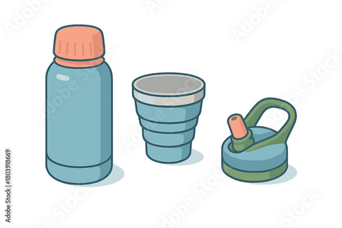 Set of reusable hydration gear including water bottle, collapsible cup, and sport cap