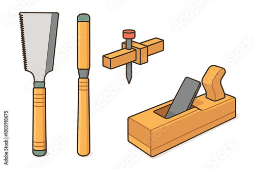 Essential woodworking hand tools set featuring a saw, chisel, marking gauge, and plane for carpentry