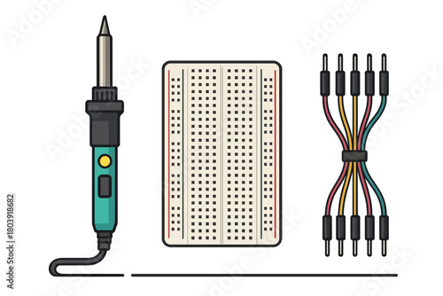 Essential electronic components including a soldering iron, breadboard, and colorful jumper wires
