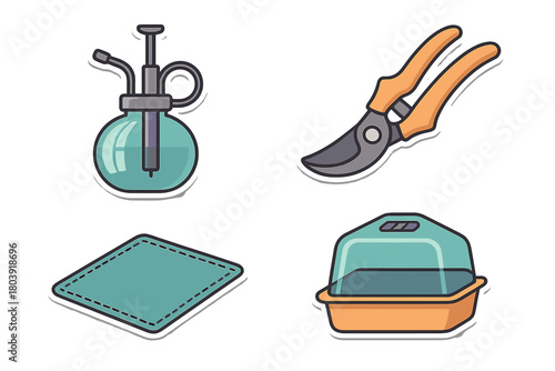 Collection of essential gardening tools including sprayer, shears, seed tray, and planting mat