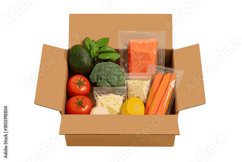 Healthy meal kit ingredients packed in a brown cardboard delivery box on a white background