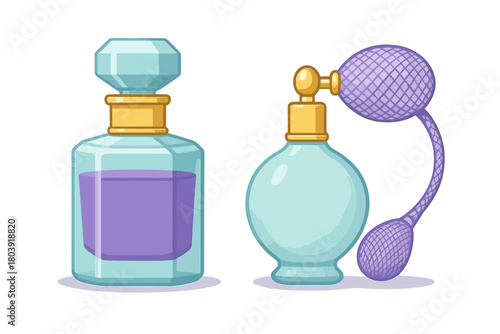 Elegant set of classic and vintage perfume bottles with gold accents and purple liquid