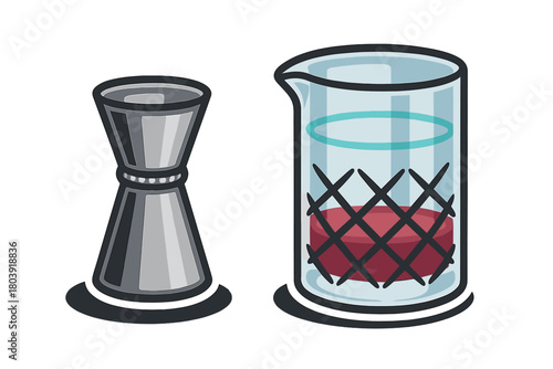 Essential barware equipment featuring a stainless steel jigger and a patterned mixing glass