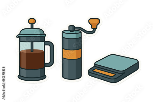 Coffee brewing equipment set featuring French press, manual grinder, and digital scale