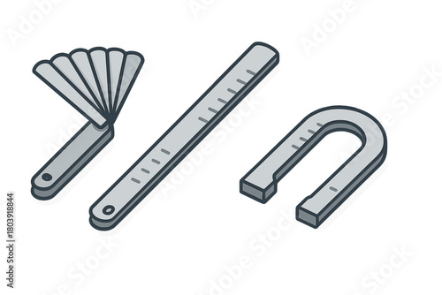 Set of precision measuring tools including feeler gauge, straight ruler, and calibration instrument isometric view