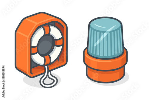 Rescue life ring box and emergency rotating beacon light isometric set