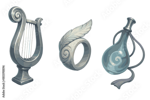 Silver lyre, feather ring, and magic potion vial fantasy game assets set