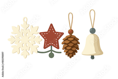 Festive holiday decorations featuring a snowflake, stitched star, pine cone, and hanging bell