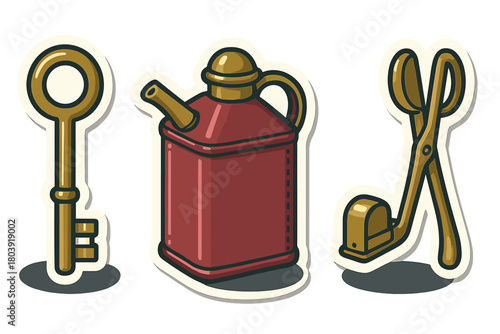 Collection of vintage skeleton key, antique oil dispenser, and old coal tongs sticker set