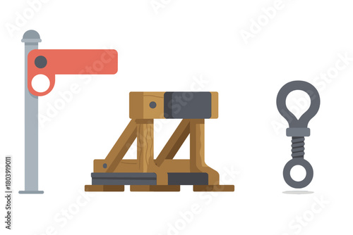 Railroad track safety components including a signal marker, wooden buffer stop, and industrial metal hook