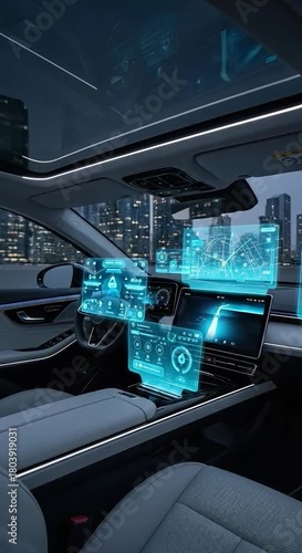 Digital displays show data inside a modern car.