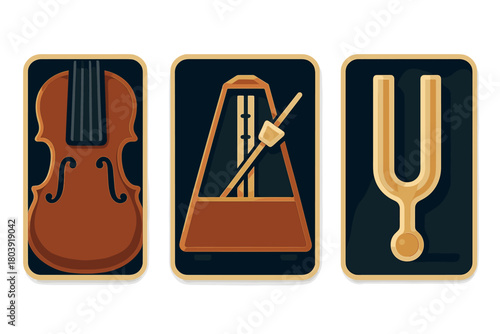 Essential tools for classical music practice: violin, metronome, and tuning fork set