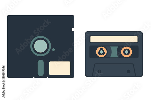 Flat design icons of a classic floppy disk and an audio cassette tape symbolizing retro media
