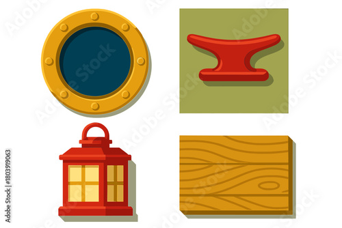Golden ship porthole, red blacksmith anvil, classic nautical lantern, and rustic wooden plank sign