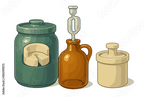 Traditional vessels for home fermentation and food preservation including crocks, carboy, and airlock