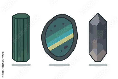 Collection of three stylized fantasy gemstones and raw crystals in various shapes