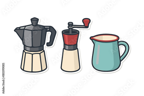 Classic Moka pot, vintage manual coffee grinder, and enamel milk pitcher set
