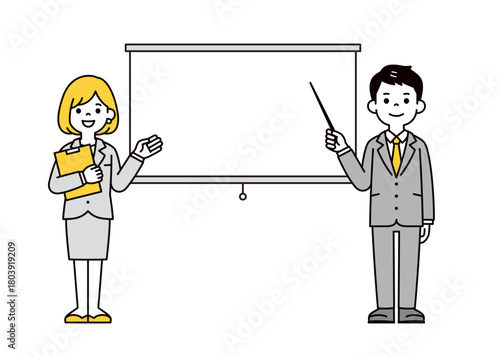スクリーンと、ポインターで説明するスーツ姿の若い男性と女性の全身ベクターイラスト素材	