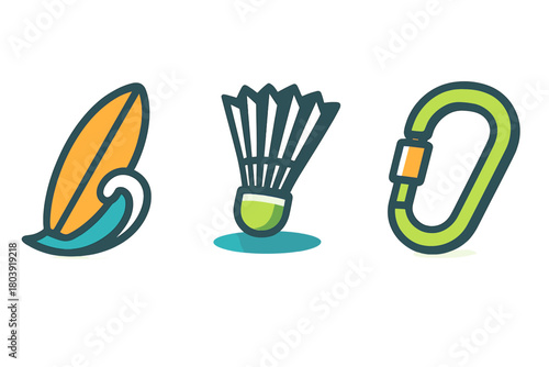 Surfboard, shuttlecock, and carabiner representing outdoor sports and adventure activities