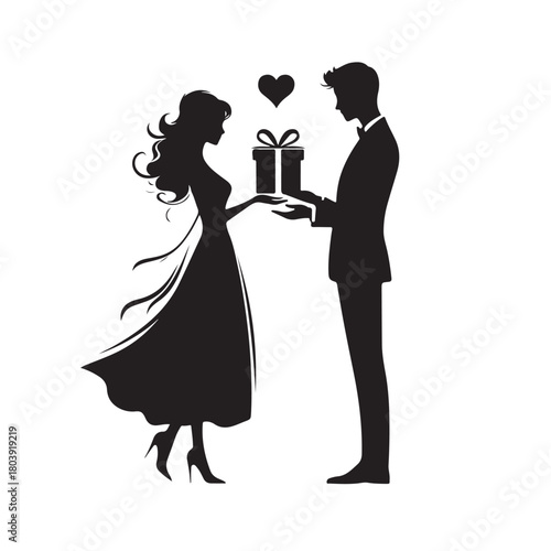 Couple exchanging a gift silhouette