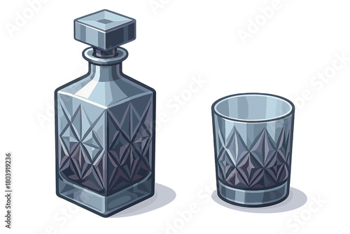 Elegant isometric crystal decanter and matching tumbler glass set