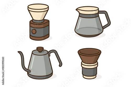 Manual coffee brewing equipment set including grinder, kettle, carafe, and dripper