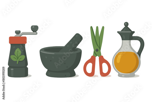 Collection of kitchen tools for seasoning food including spice grinder and herb scissors