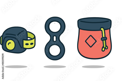 Rock climbing gear set including headlamp, belay device, and chalk bag