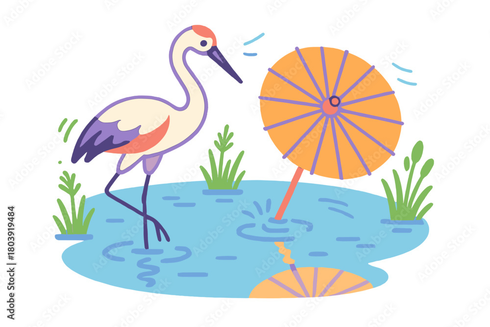 Naklejka premium Wading bird standing in shallow water next to a large orange cocktail umbrella